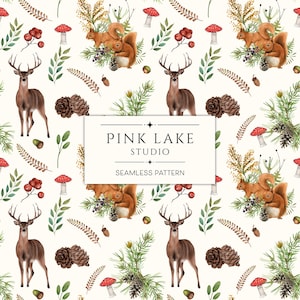 Modèle sans couture animaux de la forêt, papier numérique forêt d'automne, fond imprimable cerf et écureuil, papier de scrapbooking automne rustique reproductible