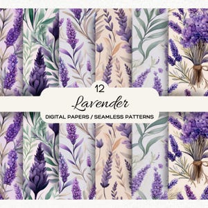 Padrões florais de lavanda em aquarela sem costura, conjunto de 12 papéis digitais para scrapbooking e artesanato, embrulho para presente faça você mesmo, convites, decoupage