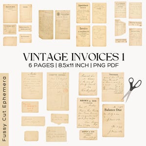 Peut inclure: Un ensemble de factures et d'éphéméras vintage, avec du texte manuscrit et des textures de papier vieilli. L'image présente différentes tailles et formes. Le titre "VINTAGE INVOICES 1" est affiché, avec le texte "6 PAGES | 21.59x27.94 CM | PNG PDF". Une paire de ciseaux est également incluse.