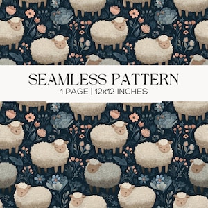 Sheep Seamless Pattern, Floral Lamb Design, Nursery Decor, Scrapbook, Papercraft, Junk Journal