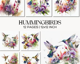 Pacchetto di carte digitali con colibrì, carta per scrapbooking con vivaci motivi floreali tropicali, ideale per partecipazioni di nozze e lavori creativi.