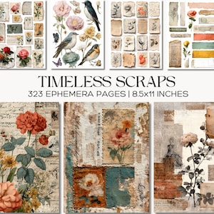 Peut inclure: Plusieurs pages d'éphémères de style vintage avec des illustrations florales et d'oiseaux. Les pages présentent des roses, des papillons et des écritures manuscrites. Le texte de l'image indique "Timeless Scraps" et "323 pages d'éphémères | 21,6 x 28 cm".