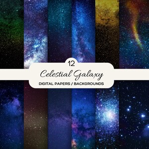 Celestial Galaxy plakboekpapier, ruimte digitaal papier, nachtelijke hemelachtergronden, sterrenhemel, universum-afbeeldingen, afdrukbare kunst nevel