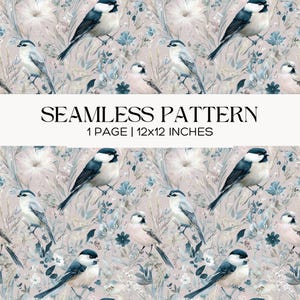 May include: Seamless pattern featuring birds and floral elements in shades of blue, white, and pink. The design includes various bird species amidst stylized flowers and foliage. The text "SEAMLESS PATTERN" is displayed above "1 PAGE | 12x12 INCHES".