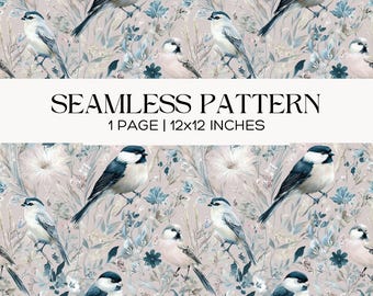 Cottagecore Bird Floral Seamless Pattern, Blue Neutral Wallpaper, Scrapbook, Papercraft, Junk Journal