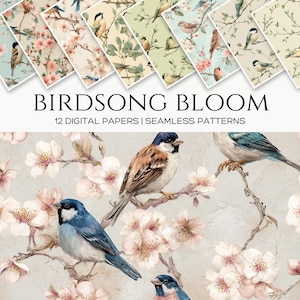 Może przedstawiać: Zestaw papierów cyfrowych zatytułowany "Birdsong Bloom" z bezszwowymi wzorami. Obraz przedstawia projekty z ptakami, kwiatami i liśćmi. Wzory przedstawiają ptaki na gałęziach z różowymi kwiatami. Tekst brzmi "12 Papierów Cyfrowych | Wzory Bezszwowe."