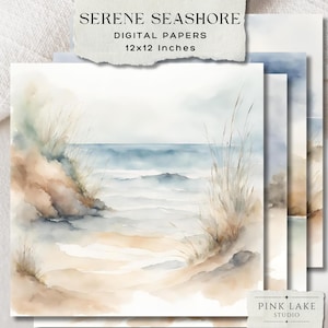 Papeles digitales de acuarela de playa: orilla serena, papel para álbum de recortes oceánico de 12 x 12, fondos para diarios basura, arte costero imprimible en tonos pastel suaves