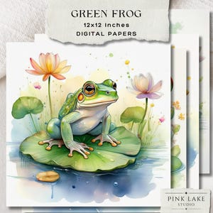 Art numérique aquarelle grenouille, nénuphar lunatique impression, art mural botanique faune, papier de scrapbooking 12 x 12, décoration nature téléchargement immédiat