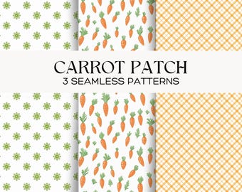 Digitale papierset wortelpatch, naadloze herhalingspatronen Pasen, pastel lente, Pasen wortel thema, bloemen digitale plakboekachtergronden