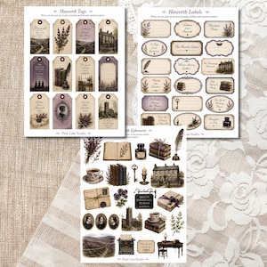 May include: A collection of paper ephemera featuring tags, labels, and decorative elements. The designs include illustrations of lavender, books, buildings, and vintage portraits. The text includes "Haworth Tags", "Haworth Labels", and "Pink Lake Studio".