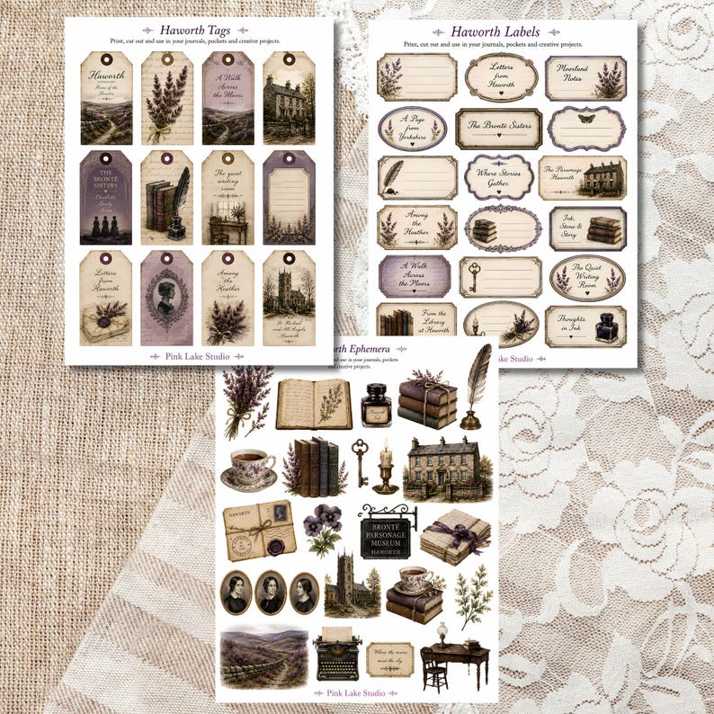 May include: A collection of paper ephemera featuring tags, labels, and decorative elements. The designs include illustrations of lavender, books, buildings, and vintage portraits. The text includes "Haworth Tags", "Haworth Labels", and "Pink Lake Studio".