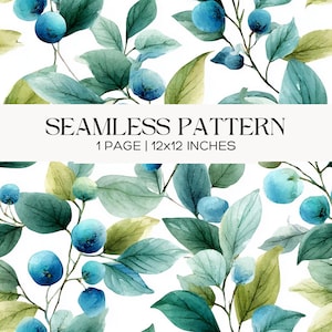 Watercolor Blueberry Seamless Pattern, Botanical Fruit Fabric Print, Green Blue Berry Repeat Scrapbook Digital Paper