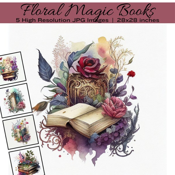 Floral Magic Books, Watercolour Open Books Clipart Bundle, Magical Book, Stack of Books, Vintage Old Books Clipart, Commercial Use