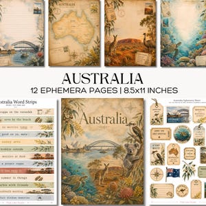 Könnte beinhalten: Eine Sammlung von 12 Ephemera-Seiten zum Thema Australien, jeweils 21,59 x 27,94 cm. Die Designs zeigen australische Wahrzeichen, Flora, Fauna und Wortstreifen. Die Farbpalette umfasst Beige, Braun und Grün.