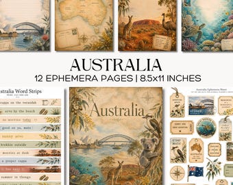 Australien Ephemera Pages Vintage Australia Junk Journal Kit med reseetiketter och ordremsor