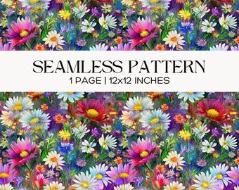 Daisy Digital Paper, Seamless Spring Floral Pattern, Cottagecore Scrapbook, Papercrafting Background