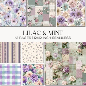 Lilac Mint Floral Paper Pack, Vintage Cottage Rose Seamless Patterns for Scrapbooking, Paper Crafts and Junk Journals