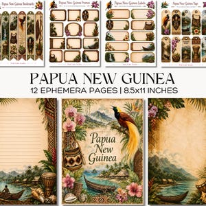 May include: A collection of 12 Papua New Guinea ephemera pages measuring 8.5x11 inches, featuring bookmarks, frames, labels, and tags. The designs include illustrations of birds of paradise, tropical landscapes, traditional masks, drums, and boats.