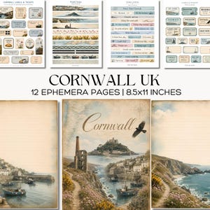 Puede incluir: Un conjunto de 12 páginas de efemérides con el tema de Cornualles, Reino Unido. Las páginas incluyen etiquetas, boletos y tiras washi con diseños vintage. Las páginas miden 21,59 x 27,94 cm y muestran escenas costeras y texto.