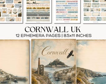 Cornwall UK Junk Journal Pages Printable Coastal Ephemera with Seaside Labels and Travel Tags