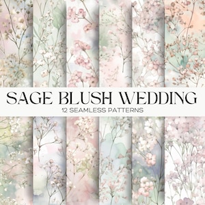 Papier numérique transparent Baby's Breath, motifs floraux vert sauge et rose poudré, pack d'albums de mariage, fleurs de gypsophile et arrière-plans aquarelle