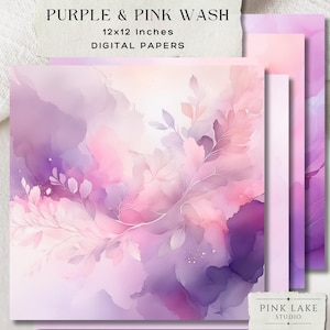Arrière-plans aquarelle violet et rose, paquet de papier numérique nuage doux, pages de scrapbooking pastel de rêve, texture imprimable 12 x 12