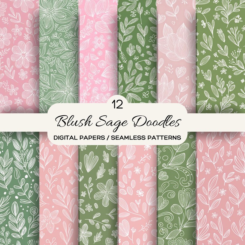 Sage Green Blush Pink Doodles Digital Paper Pack, Seamless Patterns