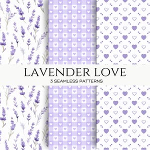 Pacchetto di carta digitale Lavender Love, motivi senza soluzione di continuità con cuori, plaid e lavanda floreale, download immediato per scrapbooking e artigianato