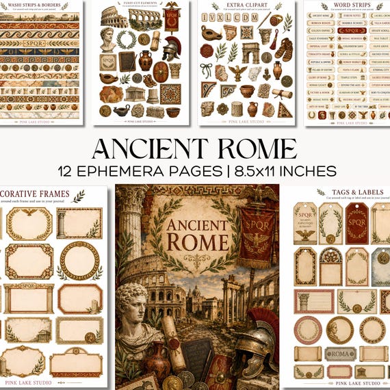 Ancient Rome Ephemera Pages Roman History Junk Journal Kit Printable Latin Tags & Frames