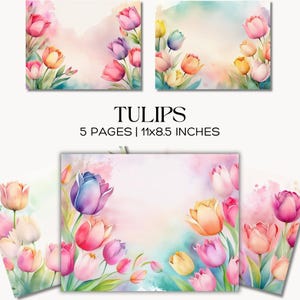 Digitales Tulpenpapier, florale Oster-Scrapbook-Hintergründe, Aquarell-Blumen-Schreibset