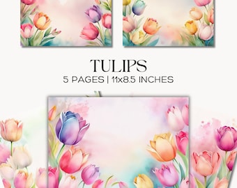 Digitaal tulppapier, paasbloemen plakboekachtergronden, aquarel kleurrijke bloemen briefpapierset, ongewenste dagboekpagina's