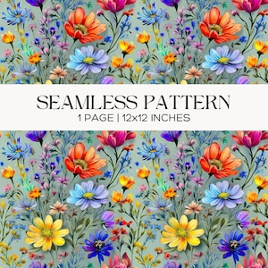 May include: A seamless floral pattern featuring a variety of colorful flowers, including orange, blue, yellow, and pink blooms, set against a light green background. The text "SEAMLESS PATTERN" is displayed above the dimensions of 12x12 inches.
