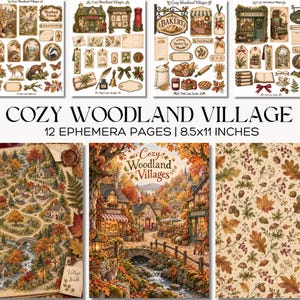 Puede incluir: Un conjunto de 12 páginas de efímeros titulado Cozy Woodland Village, que mide 21,59x27,94 cm. Las páginas incluyen ilustraciones de animales del bosque, tiendas de pueblo, artículos de panadería, librerías y patrones otoñales con hojas.