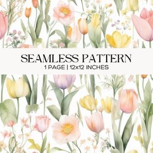 Watercolor Tulip Seamless Pattern, Pastel Spring Floral Paper, Easter Print Digital Paper, Yellow Pink Flowers