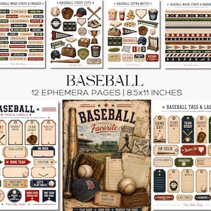 May include: A collection of 12 digital ephemera pages featuring baseball-themed graphics, including word strips, fussy cuts, extra motifs, washi strips, tags, and labels. The pages measure 8.5x11 inches and display vintage-style illustrations.