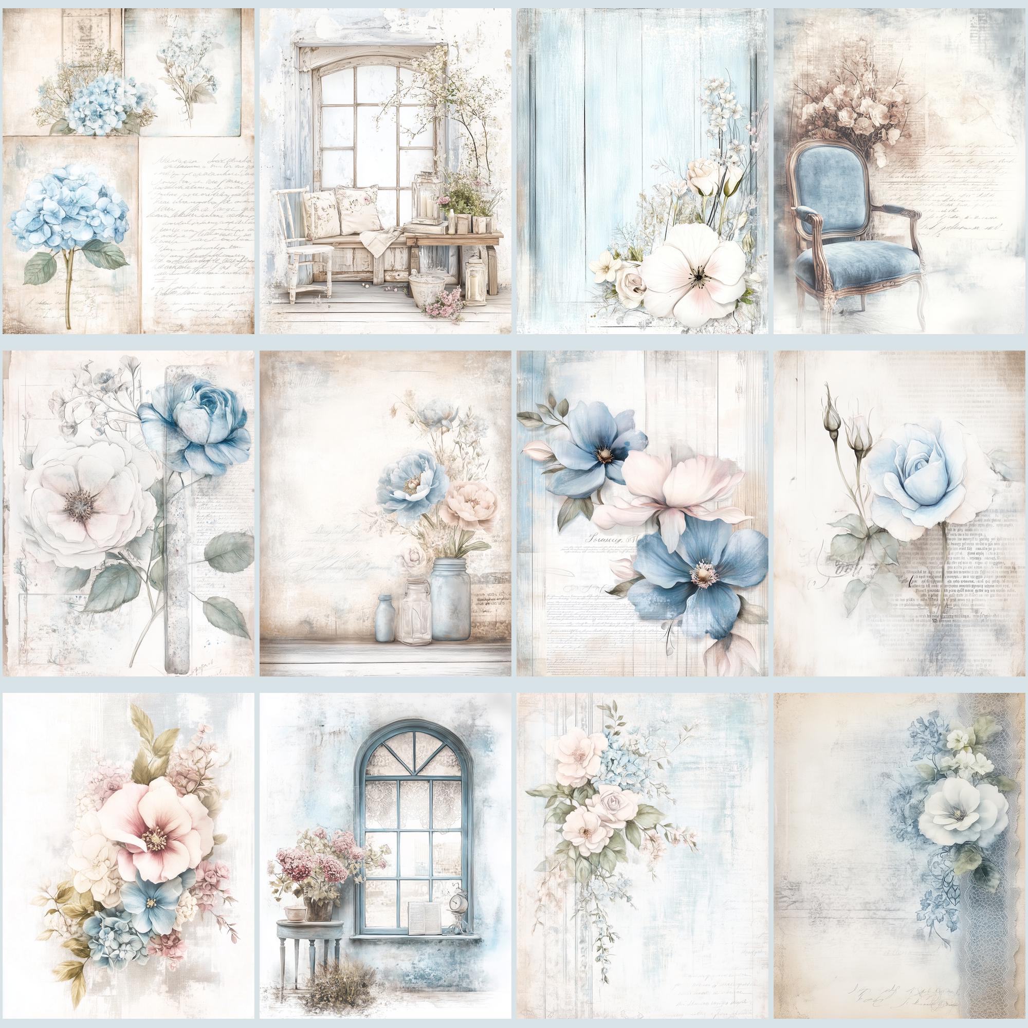 Blue Shabby Chic Junk Journal Kit, Vintage Floral Scrapbook Paper ...