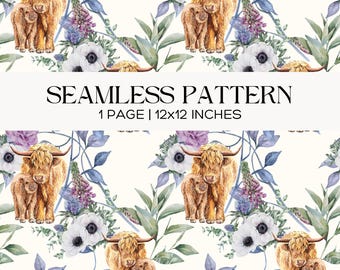 Highland Cow Floral Seamless Pattern, Cottage Scrapbook Paper, Paper Craft, Junk Journal