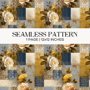 May include: Seamless pattern featuring a patchwork design with white and yellow roses, set against a backdrop of blue, gold, and beige squares. The text "SEAMLESS PATTERN" is displayed above "1 PAGE | 12x12 INCHES".