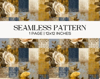 Vintage Roses Floral Patchwork Seamless Pattern, Mustard, Cream, Muted Blue Rustic Farmhouse Quilt Wallpaper