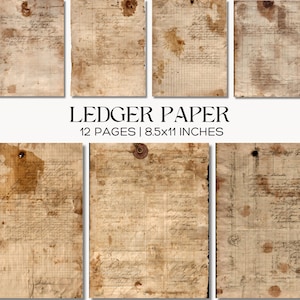 May include: A collection of 12 pages of vintage-style ledger paper, each measuring 8.5x11 inches. The paper features aged, stained textures with grid lines and handwritten cursive script, including some pages with visible metal eyelet reinforcements.