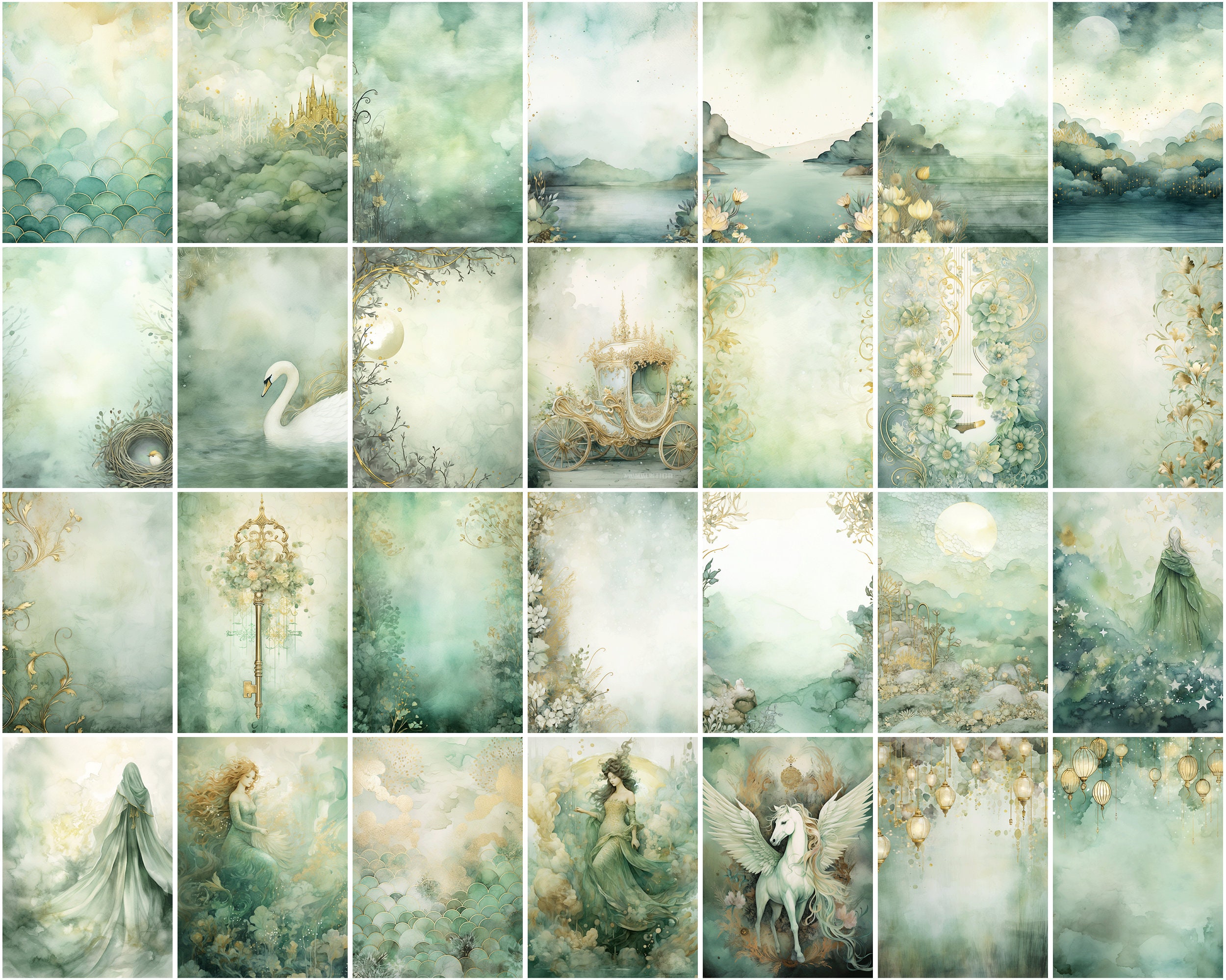 Sage Green Watercolor Junk Journal Kit – 100 A4 Fantasy Art Pages ...
