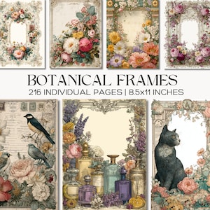 May include: A collection of botanical frames with floral arrangements and ornate borders. The image includes frames with flowers, birds, and a cat. Text reads "BOTANICAL FRAMES" and "216 INDIVIDUAL PAGES | 8.5x11 INCHES".