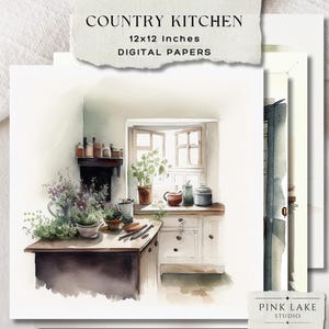 Country Kitchen Digital Paper, Vintage Farmhouse Scrapbook Paper, Rustic Cottage Kitchen, Junk Journal Pages, 12x12 Backgrounds, DIY Crafts