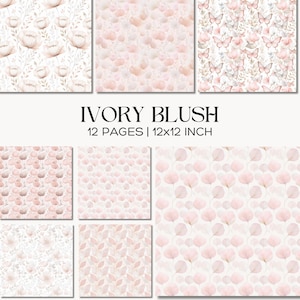 May include: A collection of digital papers with floral and butterfly patterns in soft ivory and blush tones. The text "IVORY BLUSH" is displayed, along with "12 PAGES | 12x12 INCH". The papers feature various designs, including flowers, butterflies, and leaves.