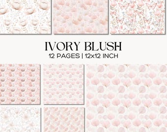 May include: A collection of digital papers with floral and butterfly patterns in soft ivory and blush tones. The text "IVORY BLUSH" is displayed, along with "12 PAGES | 12x12 INCH". The papers feature various designs, including flowers, butterflies, and leaves.
