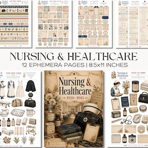 Puede incluir: Una colección de 12 páginas de efímera digital tituladas Nursing & Healthcare 1920-1945, que miden 21,6x27,9 cm. Las hojas presentan ilustraciones de estilo vintage de equipos médicos, enfermeras, etiquetas, sellos y postales en tonos sepia.