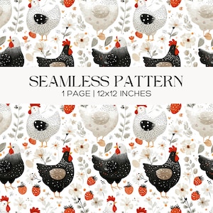 May include: Seamless pattern featuring watercolor illustrations of chickens, strawberries, and flowers on a white background. The design includes black and white chickens with red combs, along with strawberries and white flowers. The text "SEAMLESS PATTERN" and "1 PAGE | 12x12 INCHES" are also visible.