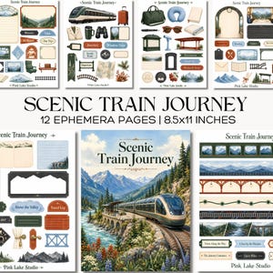 Könnte beinhalten: Ein Set aus 12 Ephemera-Seiten mit dem Titel Scenic Train Journey, die 21,6x27,9 cm messen. Das Set enthält verschiedene Papier-Ausschnitte wie Züge, Berglandschaften, Reiseaccessoires und dekorative Etiketten für Scrapbooking.