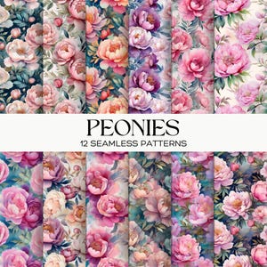 Papier peint pivoines, motifs de pivoines sans couture, paquet de papier numérique, arrière-plans floraux, scrapbooking, faire-part, créations DIY, téléchargement immédiat