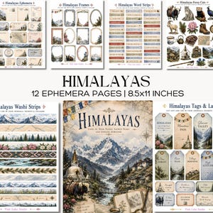 Puede incluir: Un conjunto de 12 páginas de efímera de 21,6x27,9 cm, con hojas de papel impresas con diseños temáticos del Himalaya, incluyendo marcos, tiras de palabras, recortes, cintas washi y etiquetas con ilustraciones de montañas y paisajes.